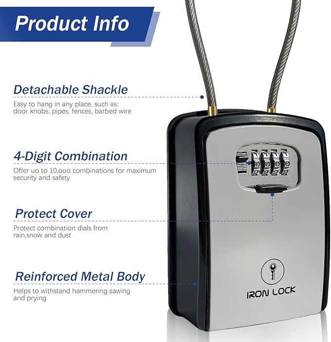 Iron Lock® XXL Portable Key Lock Box and Wall Mounted with Removable Cable Shackle Waterproof Indoor Outdoor 4 Digit Combo Resettable Code with A B Switch Extra Large Key Lockbox Outside (XXL, Grey)