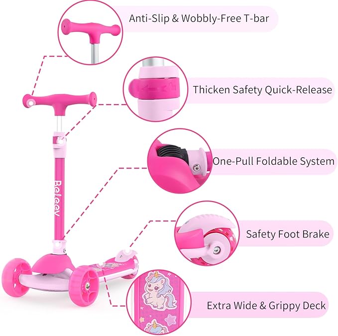 BELEEV A9 Kids Scooter with LED Light-Up Wheels & Deck, 3 Wheel Folding Scooter for Toddlers Girls Boys Ages 3-12, Adjustable Handlebar, Lean to Steer, Extra-Wide Wheels, Kick Scooter for Children