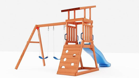 Dolphin Playground Wooden Swing Sets for Backyard with 6FT Slide, Outdoor Playset for Kids with Sand Pit, Climbing Wall, and 2 Belt Swings, Heavy Duty Playground Accessories, Ages 2-9