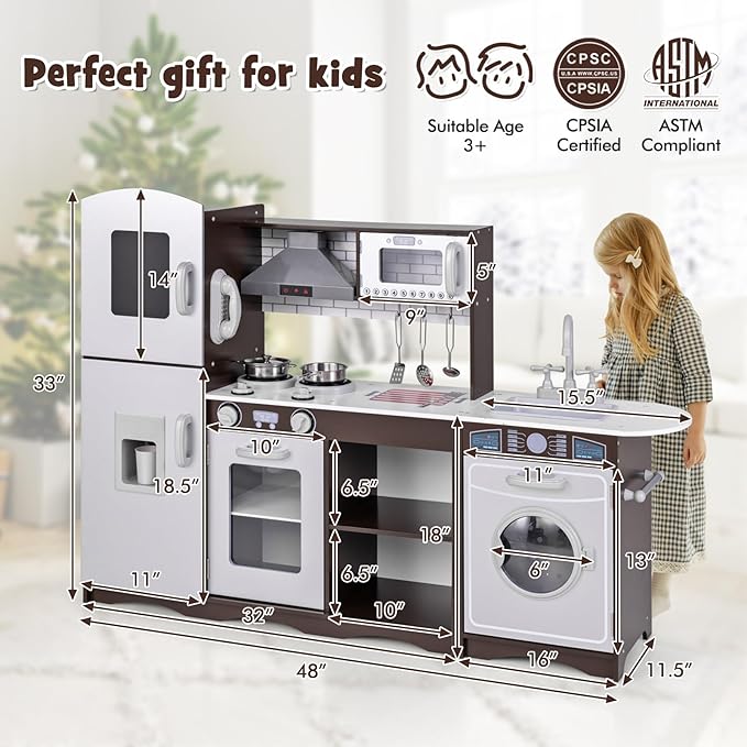 Costzon Kids Kitchen Playset,2-Piece Wooden Modular Pretend Toy Playset w/Sounds & Lights, Washing Machine, Range Hood, Ice Maker, Blackboard, Play Telephone, Play Kitchen for Kids Ages 3+ (Brown)