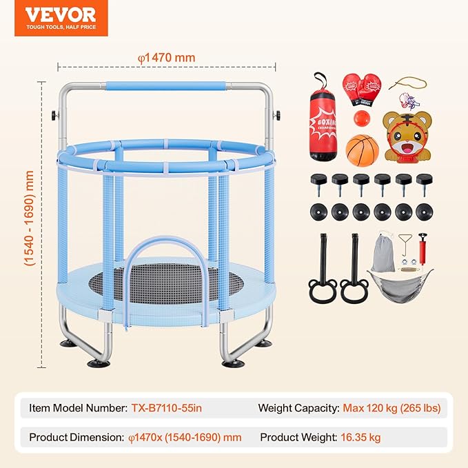 VEVOR 5FT Trampoline 50"/55"/56 * 35" for Indoor/Outdoor use for Toddlers, Foldable Mini Baby with Foam Handle, Recreational Birthday Gift