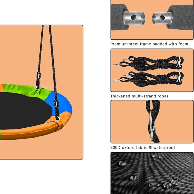 40" Saucer Tree Swing for Kids - 500Lb Weight Capacity, Waterproof Platform Swing Seat with Adjustable Ropes for Kids Playground Outdoor Activity Backyard Fun