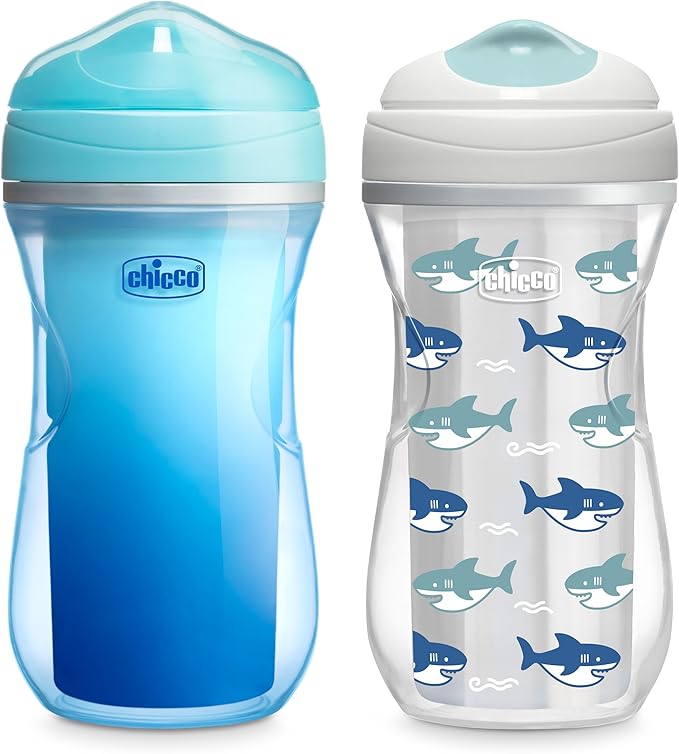 Chicco Double-Wall Insulated Sippy Cup with Bite-Proof Rim Spout and Spill-Free Lid 9oz. | Top-Rack Dishwasher Safe | Easy to Hold Ergonomic Indents | Blue/Sharks, 2pk | 12+ months