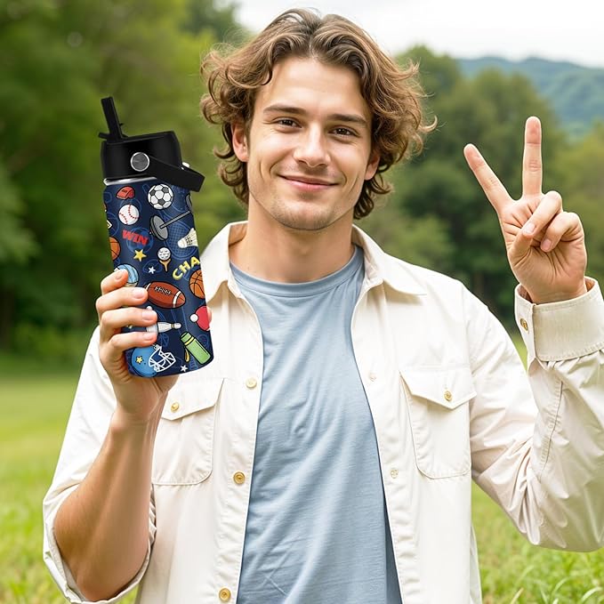 Sports Gifts for Men & Women - 16oz Water Bottle with Straw Lid, Stainless Steel Insulated Tumbler, Leakproof, BPA-Free, for Her, Daily Use, Travel - Sport Lovers Birthday Gift Cup (1pc)