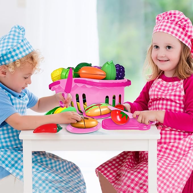 Shemira 100 PCS Cutting Play Food Toy for Kids Kitchen, Pretend Food Toys for Toddlers, Play Kitchen Toys Accessories with 2 Baskets, for 3 4 5 Years Old Boys Girls, Pink