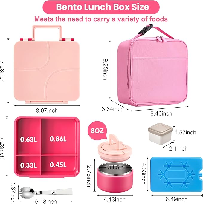 Bento Lunch Box with 8oz Soup Thermo,Kids Leakproof 4 Compartment Lunch Food Containers with Sauce Cup and Ice Pack,Kids Thermo Insulated Hot Food Jar and Lunch Bag for School,Trvael-Pink