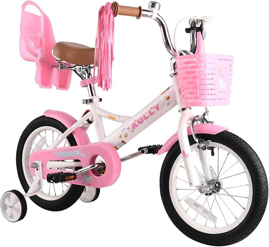RULLY Kids Bike 12 14 16 inch for 2-7 Years Girls with Training Wheels & Front Handbrake, Kids Bicycle with Basket Bike Streamers Toddler Cycle Bikes