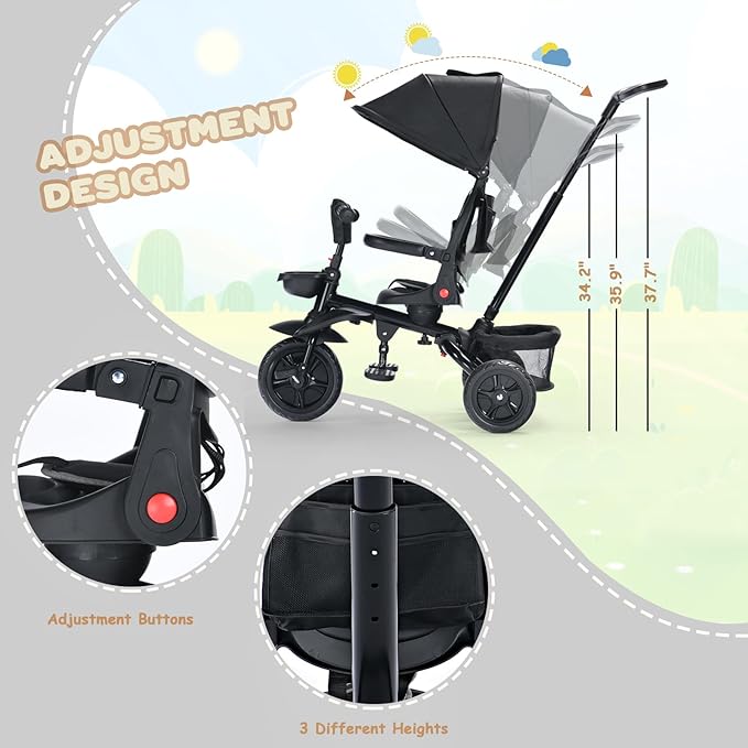 Folding Kids' Tricycle, 8 IN1 Baby Trike W/Removable Canpoy&Parental Push Rod, Toddler Bike Stroller for Kids 1-5 Years, 360° Swivel Seat, EVA Wheels，Storage Basket, Black