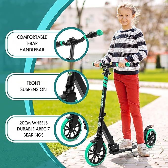 SereneLife Kick Scooter Adult Teenagers Kids- 2 Wheel Kids Scooter with Adjustable T-Bar Handlebar - Alloy Anti-Slip Deck - Portable Folding Scooters for Kids with Carrying Strap