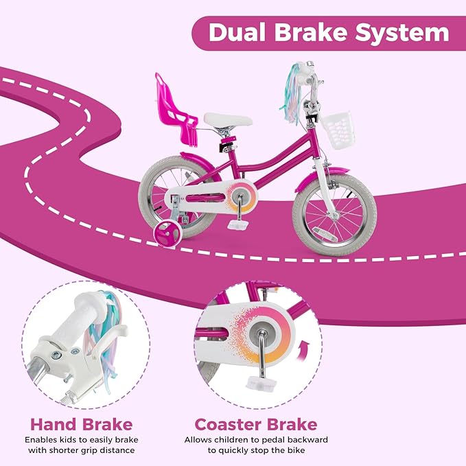 BABY JOY Kids Bike, 12 14 16 18 Inch Children Bicycle w/Detachable Training Wheels, Storage Basket, Adjustable Seat & Handlebar, Bow or Streamer, Girls Bike for 3-8 Years Old