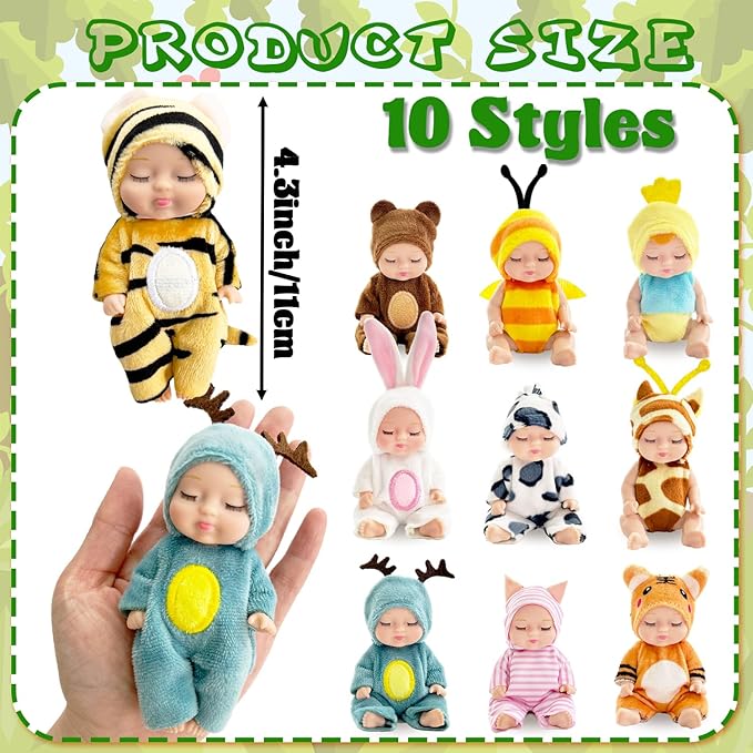 Haawooky 10 Pcs Mini Baby Dolls,4 inch Lifelike Realistic Baby Dolls with Animal Clothes,Cute Small Baby Doll for Girls Kids Easter Basket Valentine Birthday