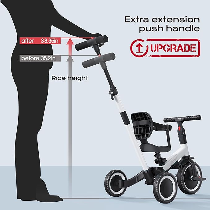 newyoo Toddler Bike, 4 in 1 Tricycles for 1,2,3 Year Olds, Balance Bike, Birthday Gift and Toy for Boys and Girls, Kids Tricycle with Parent Steering Push Handle, Removable Pedals, White, TR007