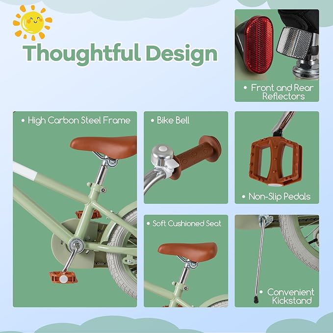 BABY JOY Colorful Macarons Kids Bike, 12 14 16 18 Inch Sporty Children's Bicycle with Training Wheels, Adjustable Handlebar & Saddle, Handbrake & Coaster Brake, Boys Girls Bike for 3-8 Years Old