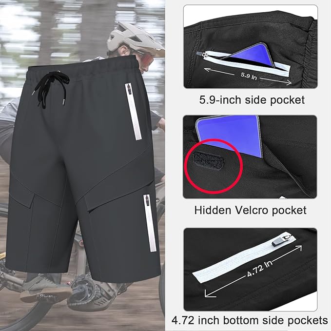 Lo.gas Mountain Bike Shorts for Men,3D Padded Loose-fit Cycling Biking Bicycle Shorts Mens with Underwear Zipper Pockets