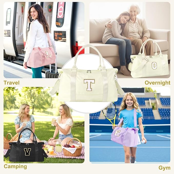 Dance Gym Duffel Bag for Teen Girls, Personalized Initial Travel Weekender Bag,Cute Overnight Carry On Duffle for Women,Sports Travel Cheer Bag,Monogram Christmas Gifts for Tween Preppy(beige-T)