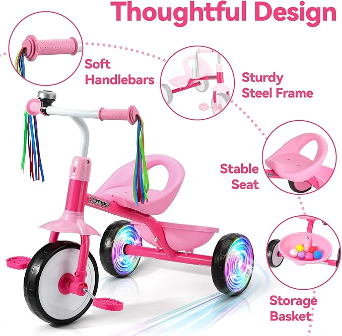 Liberry Toddler Tricycle Age 2 3 4 Years Old, Kids Trike with Light Up Wheels, Removable Pedal and Basket, 3 Wheel Bike Outdoor Indoor Riding Toy Gift for Girls Boys, Pink
