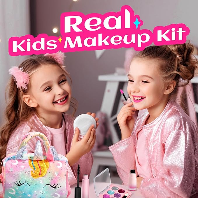 ULOVEME Kids Real Makeup Kit for Little Girls - Real, Non Toxic, Washable Make Up Toy - Umicorn Toys Gift for 3 4 5 6 7 8 9 10 12 Years Old Girls Birthday (Rainbow Umicorn)