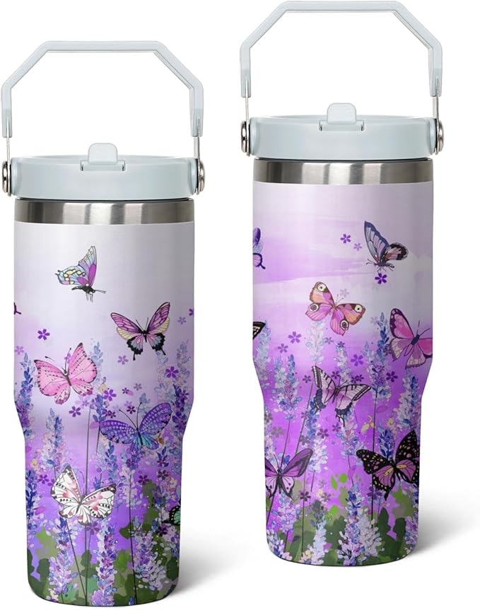 30 Oz Flip Tumbler with Handle Lid and Straw,Purple Butterfly Reusable Tumbler Water Bottle Travel Coffee Cup Mug,Butterfly Gifts for Women Mom Daughter Girlfriend Teenage Girls Bridesmaid