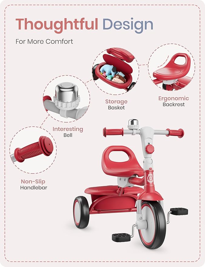 besrey Toddler Tricycle with Bell, Kids Tricycle Age 18 Months to 5 Years, Kids Trike, Toddler Bike for 1.5-5 Year Olds, Baby Trike, Gifts & Toys for Boys & Girls, New Red