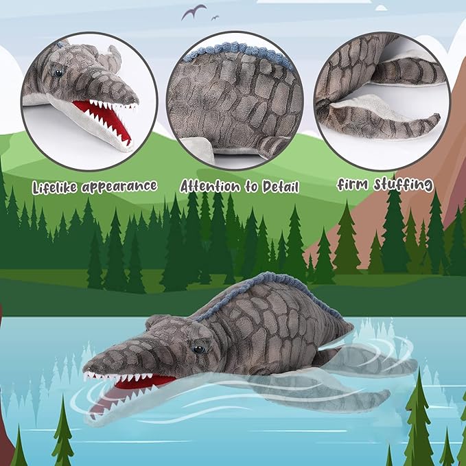 Dinosaur Plush Toy, Mosasaurus Stuffed Animal Throw Plushie Pillow Doll, Soft Grey Fluffy Friend Hugging Cushion - Present for Every Age & Occasion