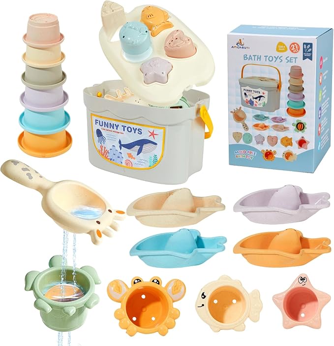 Mold Free Bath Toys for Kids Ages 1-3, 21PCS Baby Bath Toys for Toddlers 2-4 with Shape Sorting and Stacking Cups, Montessori & Educational Bathtub Water Toys with Container for Baby Stocking Stuffers