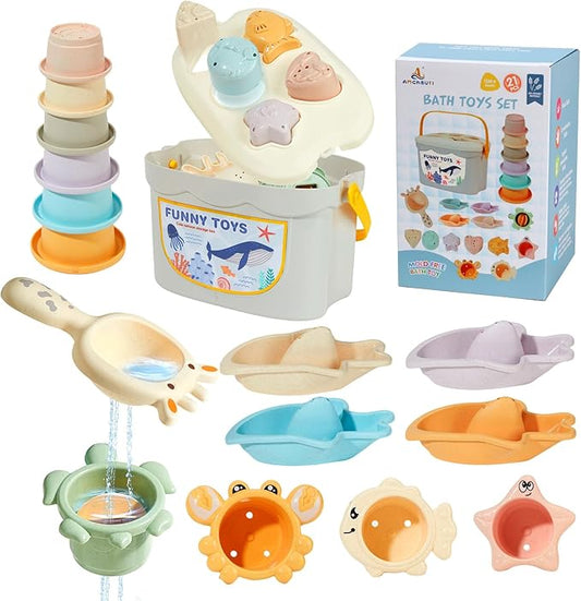 Mold Free Bath Toys for Kids Ages 1-3, 21PCS Baby Bath Toys for Toddlers 2-4 with Shape Sorting and Stacking Cups, Montessori & Educational Bathtub Water Toys with Container for Baby Stocking Stuffers