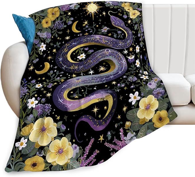 Purple Snake Blanket Fantasy Floral Reptiles Throw Blankets Gifts for Girls Boys Kids Snake Lover Soft Cozy Fleece Plush for Couch Sofa Bed 60"x50"