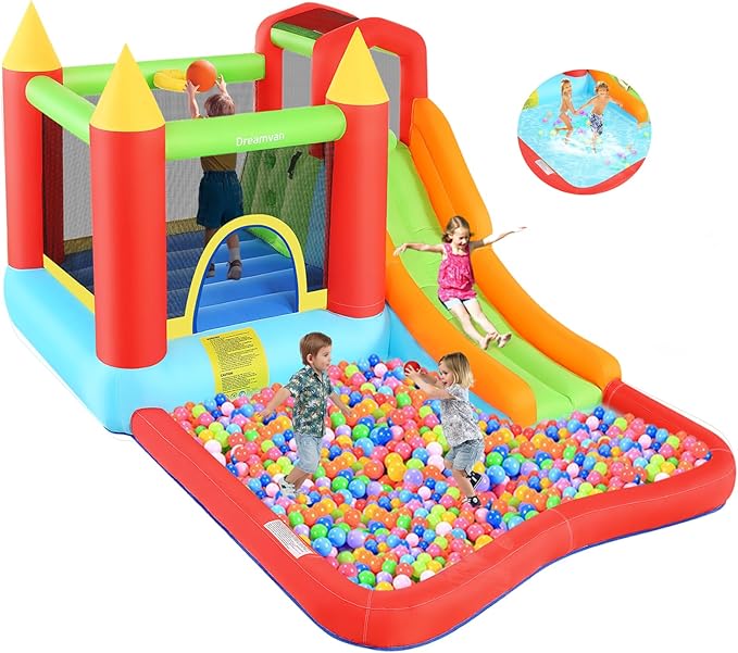 Inflatable Bounce House, Kids Bouncy House Slide with Blower, Long Slide, Fun Pool/Ball Pit, Climbing Wall, Basketball Rim, Outdoor Backyard Jumping Castle Bounce House for Kids 3-10 Years