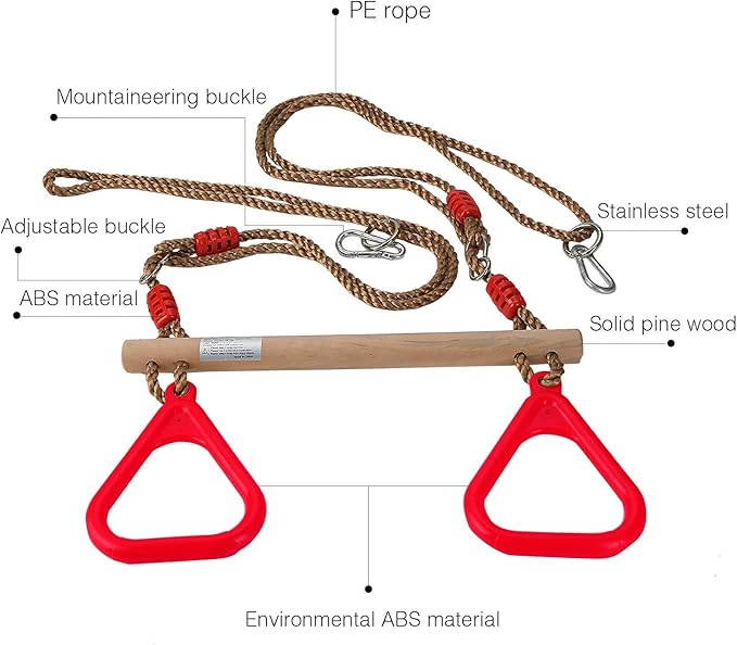 PELLOR Playground Children's Wooden Trapeze Swing Bar with Plastic Gym Rings Swing Set for Indoor & Outdoor Fun