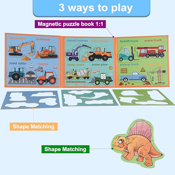 ASTARON 3D Magnetic Dinosaur Puzzle with 80 Puffy Stickers for Toddlers, Dino Magnets for Toddlers 1-3 Preschool Education Learning Travel Toys Car Plane Activities for Kids Road Trip Birthday Gifts
