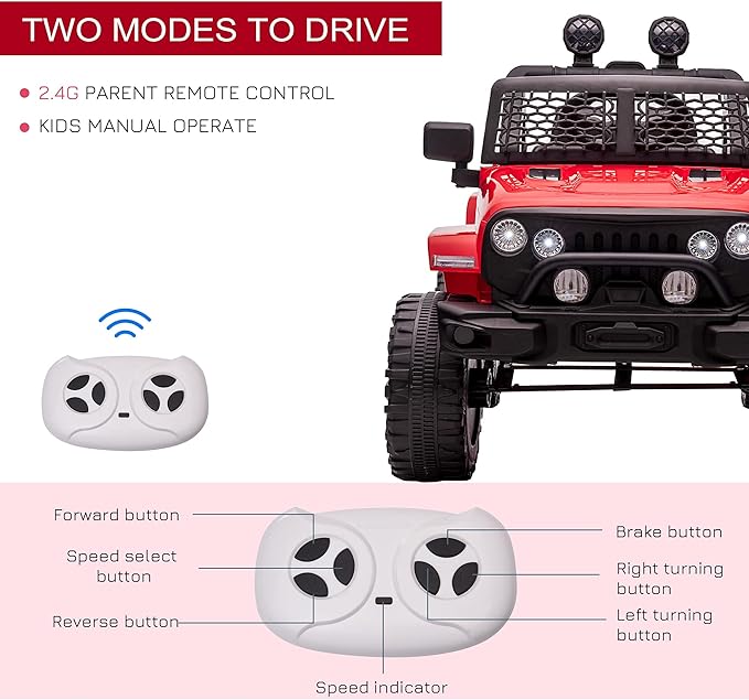 Aosom 12V Kids Ride On Truck with Parent Remote Control, Battery Powered Electric Car with Spring Suspension, Adjustable Speed, LED Lights and Horn, Red