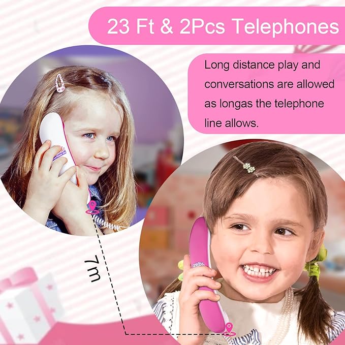 Kids' Play Phone with Real Ring Sounds, Pretend Play Telephone, 23 ft Ultra-Long Phone Line for Chatting and Learning, Toddler Communication Skill Toys, Gift