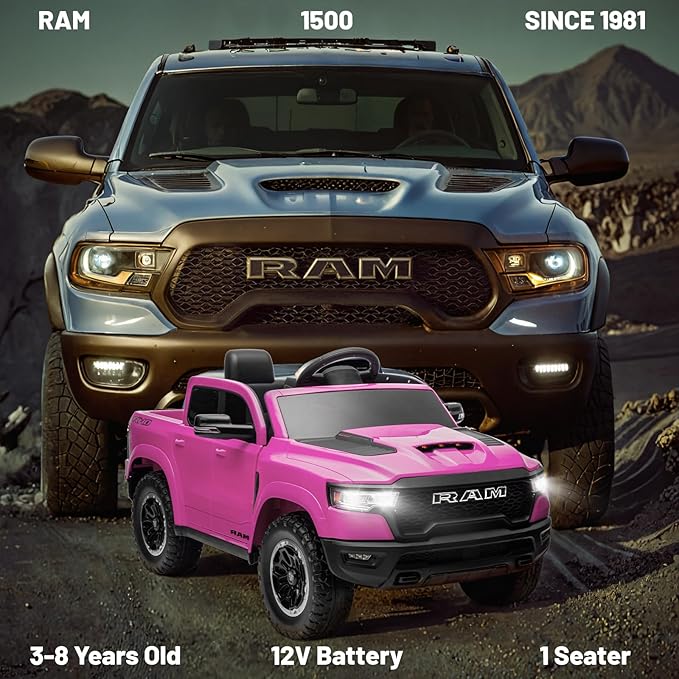 Ram 1500 Ride on Toys for Kids 4-8, Ride on Pickup Truck for Toddlers with Remote Control,12V Battery Powered Car with Trunk, Bluetooth, Music, Safety Belt (Pink)