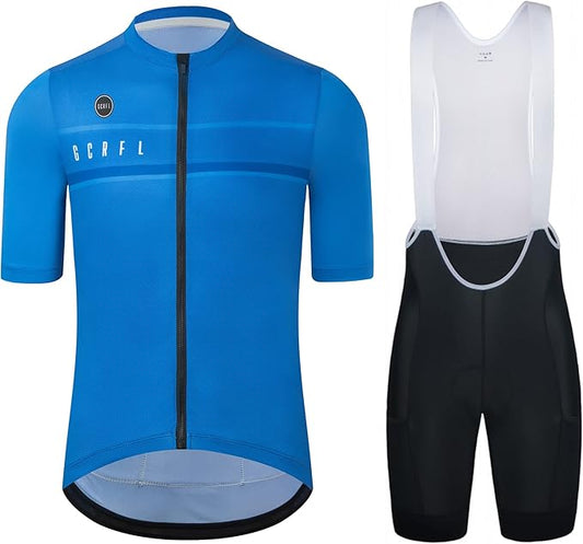 Men's Cycling Jersey Set Cycling Kit Bicycle Jersey Rear Zipper Pocket Bike Bib Shorts with Pockets Race Fit High Density Pad