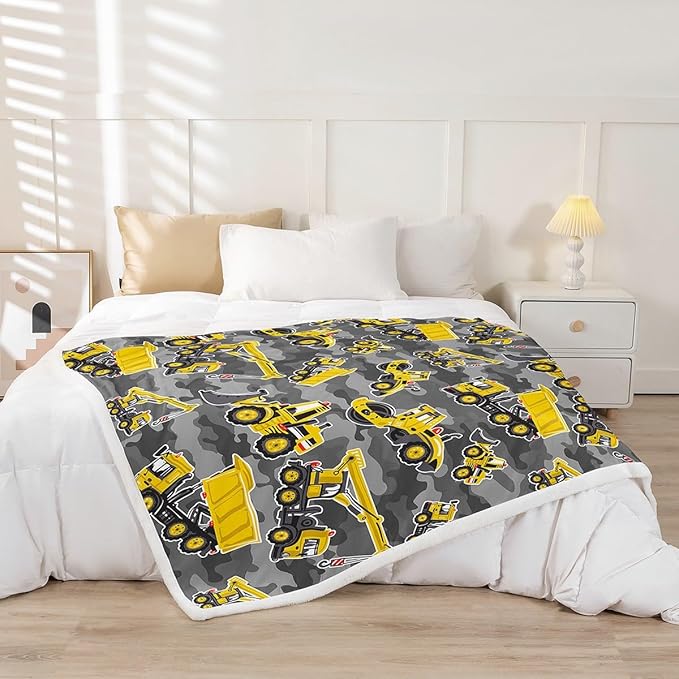 Kids Cartoon Excavator Fleece Throw Blanket - Vehicles, Truck, Car Plush for Boys, Child, Toddler - Bulldozer, Crane Sherpa Construction Site Fuzzy for Sofa, Bed, Couch - 50x60 Inch