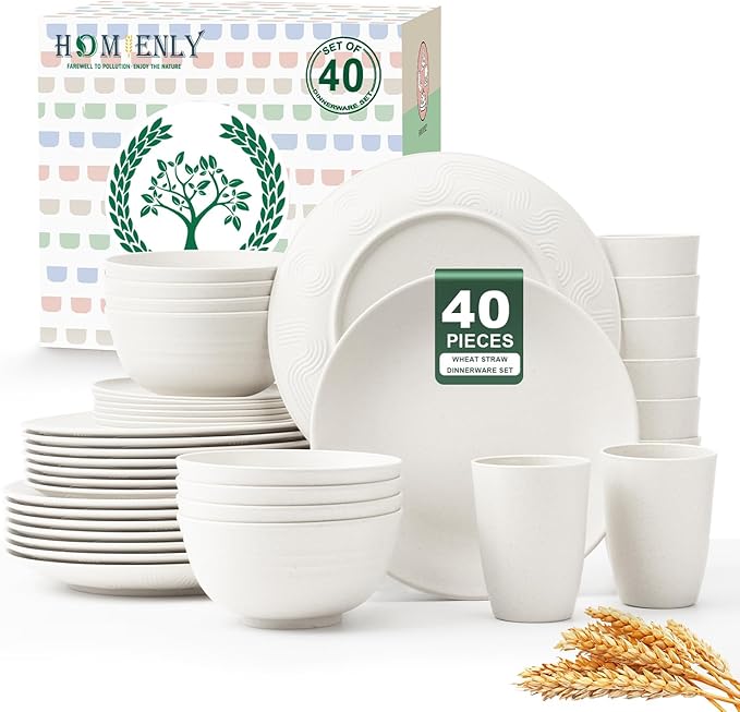 Homienly 40- Pieces Wheat Straw Dinnerware Set, Service for 8, Lightweight Roud Plates and Bowls Set, Unbreakable Dishes Set- Dinner Plates, Bowls, Cups,Microwave and Dishwasher Safe(White)