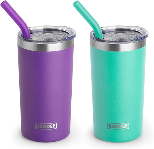 koodee Tumbler with Lids and Straws-12 oz Skinny Tumbler Stainless Steel Double Wall Vacuum Insulated Water Cup Spill Proof, BPA Free (Purple-Teal)