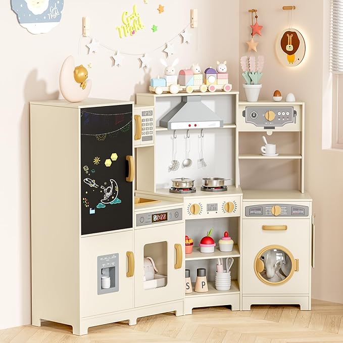 MAMIZO Wooden Corner Play Kitchen, Large Ultimate Interactive Toddler Pretend Kids Kitchen Playset with Blackboard, Stove & Range Hood w/Light & Sound, Ice Maker, Washing Machine, 6 Toy Set (Cream)