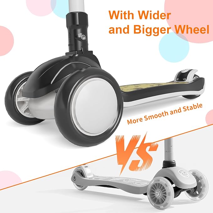 Kick Scooter Kids with LED Lighted Wheels and 3 Adjustable Height, Lean-to-Steer & Widen Anti-Slip Deck, 3 Wheel Scooter for Boys & Girls Up to 110 Lbs