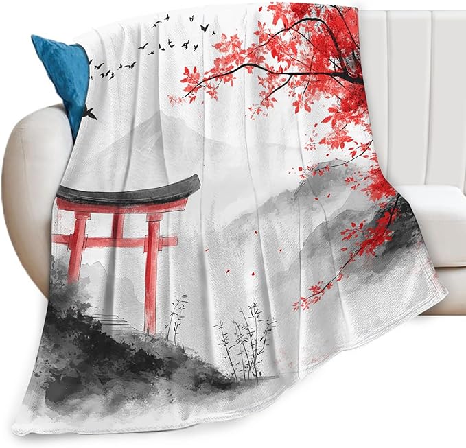 Japanese Samurai Blanket for Women Mens, Japanese Cherry Blossom Fleece Blanket Gifts for Boys Girls, Warm Cozy Soft Flannel Stuff for Bed Sofa Couch 80" x 60"