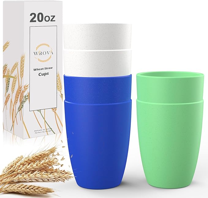 unbreakable wheat straw cups 20oz set of 6 with textured pattern anti slipping,big plastic drinkings cups microwave safe and dishwahser safe.White-Green-Blue