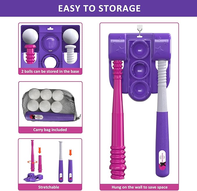 QDRAGON 2 in 1 T Ball Sets for Kids 3-5 5-8, Tee Ball Set with Automatic Pitching Machine/Adjustable Batting Bat & Stand/6 Balls, Baseball Toys Outdoor Sport for Toddlers Girls, Pink