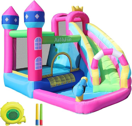 AirMyFun Inflatable Water Slide Pink Princess Bounce House for Big Kids 8-12 with Long Slide and Spray Water Gun for Kids Backyard Inflatable Bouncy Castle