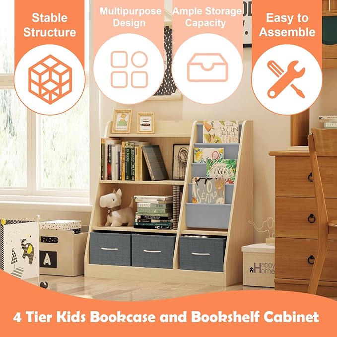 Kids Bookshelf Wood Montessori Toy Storage Organizer Cabinet Shelf Child Bookcase Toddler Baby Sling Book Rack 3 Cube Bin Fabric Drawers for Playroom Bedroom Nursery School