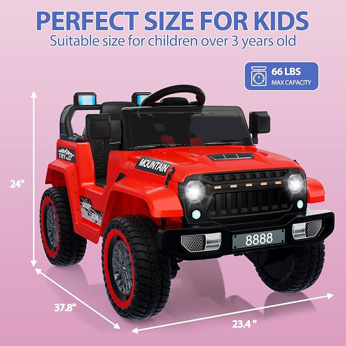 12V Kids Ride On Truck Car, Battery Powered Electric Vehicle Toy w/Parent Remote Control, Spring Suspension, 3 Speeds, LED Light, Music & Horn, Electric Cars for Kid, Gift for Boy Girl, Red
