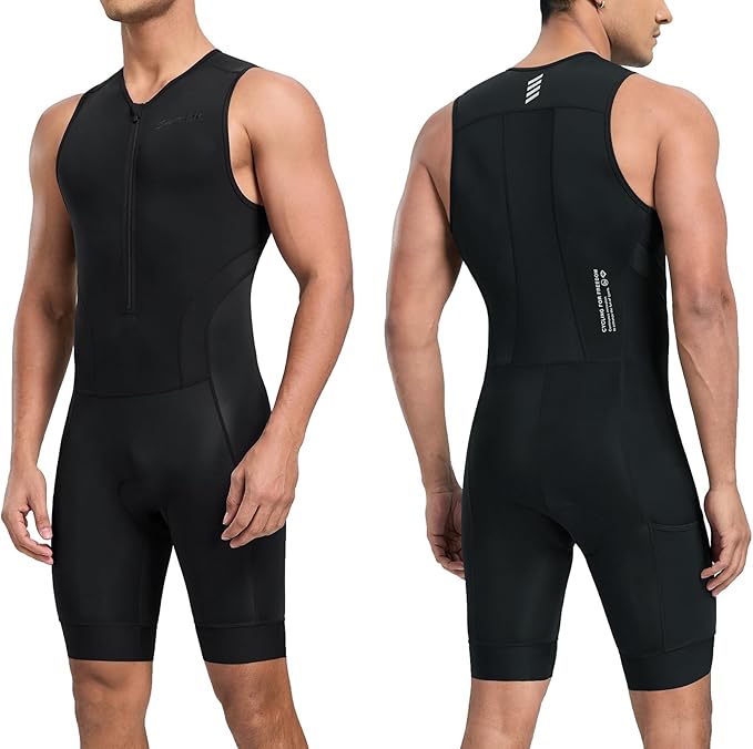 Santic Men's Triathlon Suit Sleeveless Skinsuit Padded Quick-Dry Swim Bike Run with Pockets