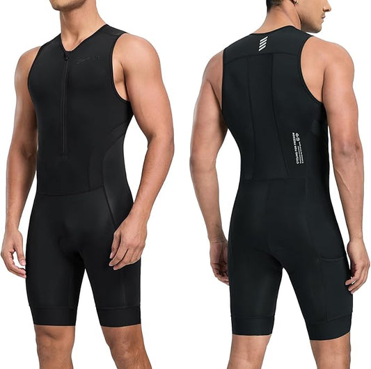 Santic Men's Triathlon Suit Sleeveless Skinsuit Padded Quick-Dry Swim Bike Run with Pockets