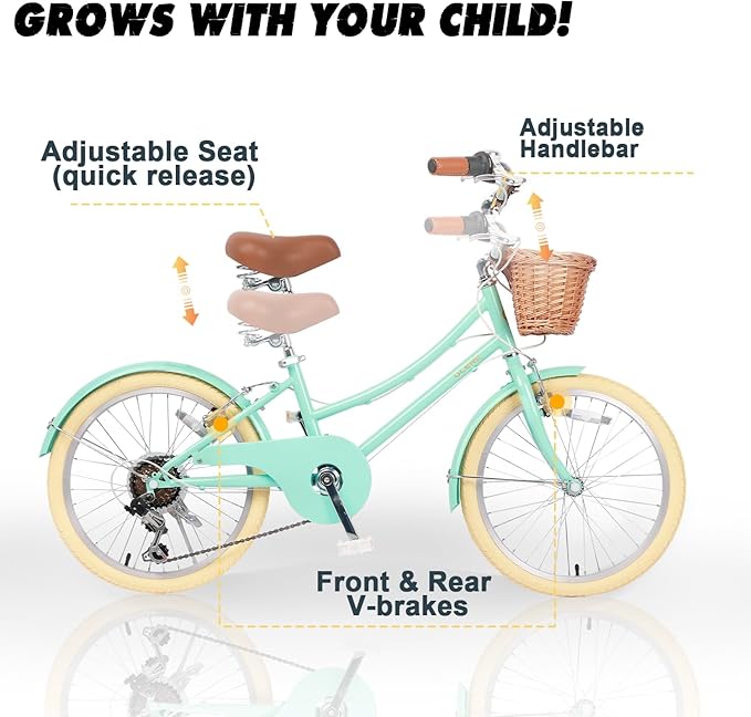 Glerc 20 24 26 Inch Beach Cruiser Bike, 6-Speed Hybrid City Bicycle for Girls Youth and Over 6 Years Old, Missy Bike with Wicker Basket & Lightweight, Multiple Colors