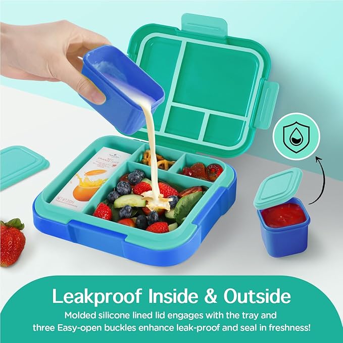 Caperci Bento Box for Kids - Large 4.8 Cups Lunch Box with Two Modular Containers - 4 Compartments, Leak-Proof, Portable Handle, Microwave/Dishwasher Safe, BPA-Free (Jungle Green/Blue)