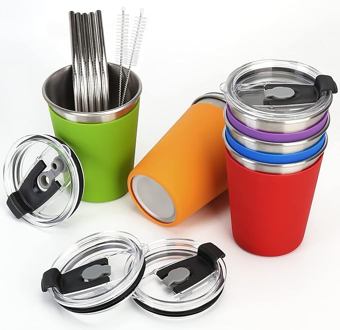 ShineMe Stainless Steel Kids Cups, 5pack with Spill Proof Lids, Straws & Silicone Sleeves, 12oz, BPA Free, Insulated, for Cold & Hot Drinks